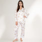 Satin Floral Pajama Set with Long Sleeve Notched Collar Button-Up Top and Relaxed Fit Full-Length Pants