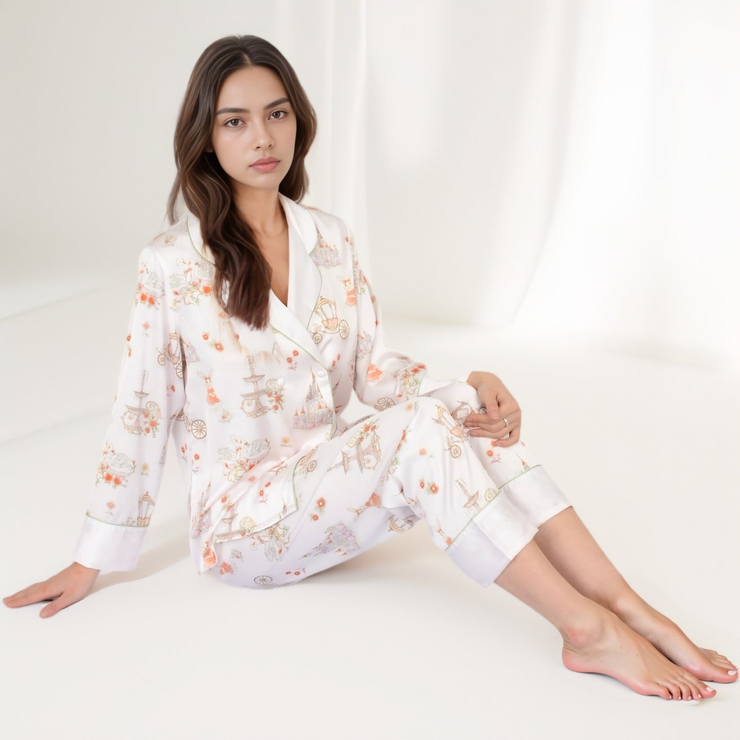 Satin Floral Pajama Set with Long Sleeve Notched Collar Button-Up Top and Relaxed Fit Full-Length Pants