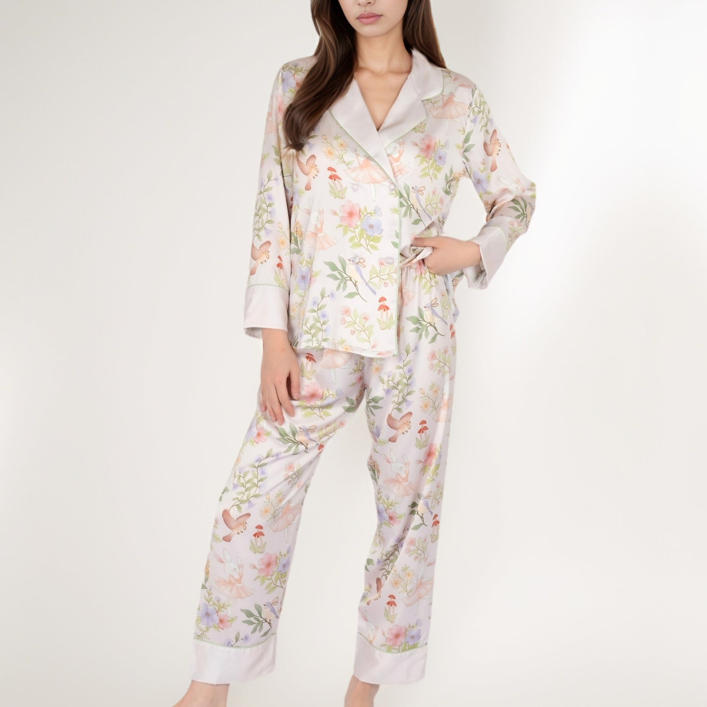 Satin Floral Pajama Set with Long Sleeve Notched Collar Button-Up Top and Relaxed Fit Full-Length Pants