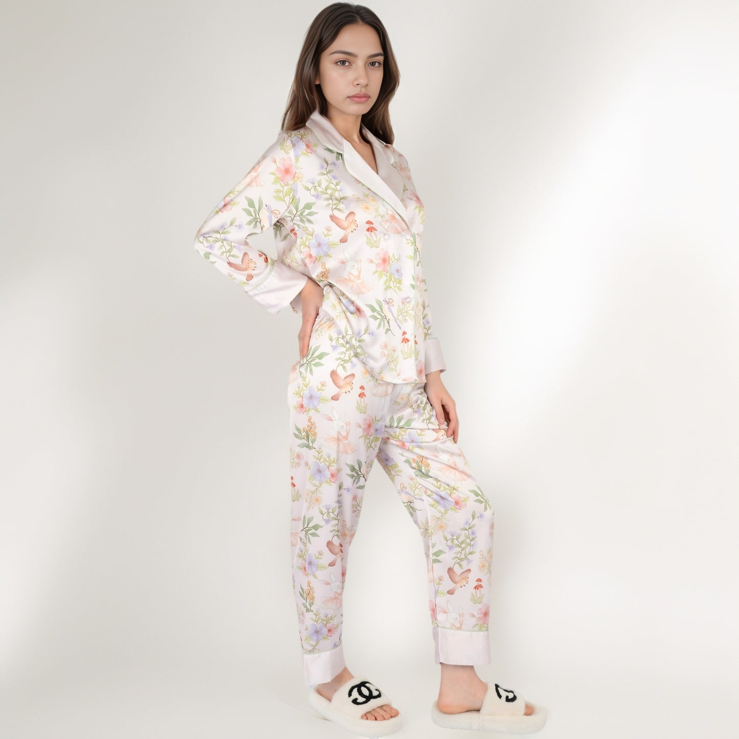 Satin Floral Pajama Set with Long Sleeve Notched Collar Button-Up Top and Relaxed Fit Full-Length Pants