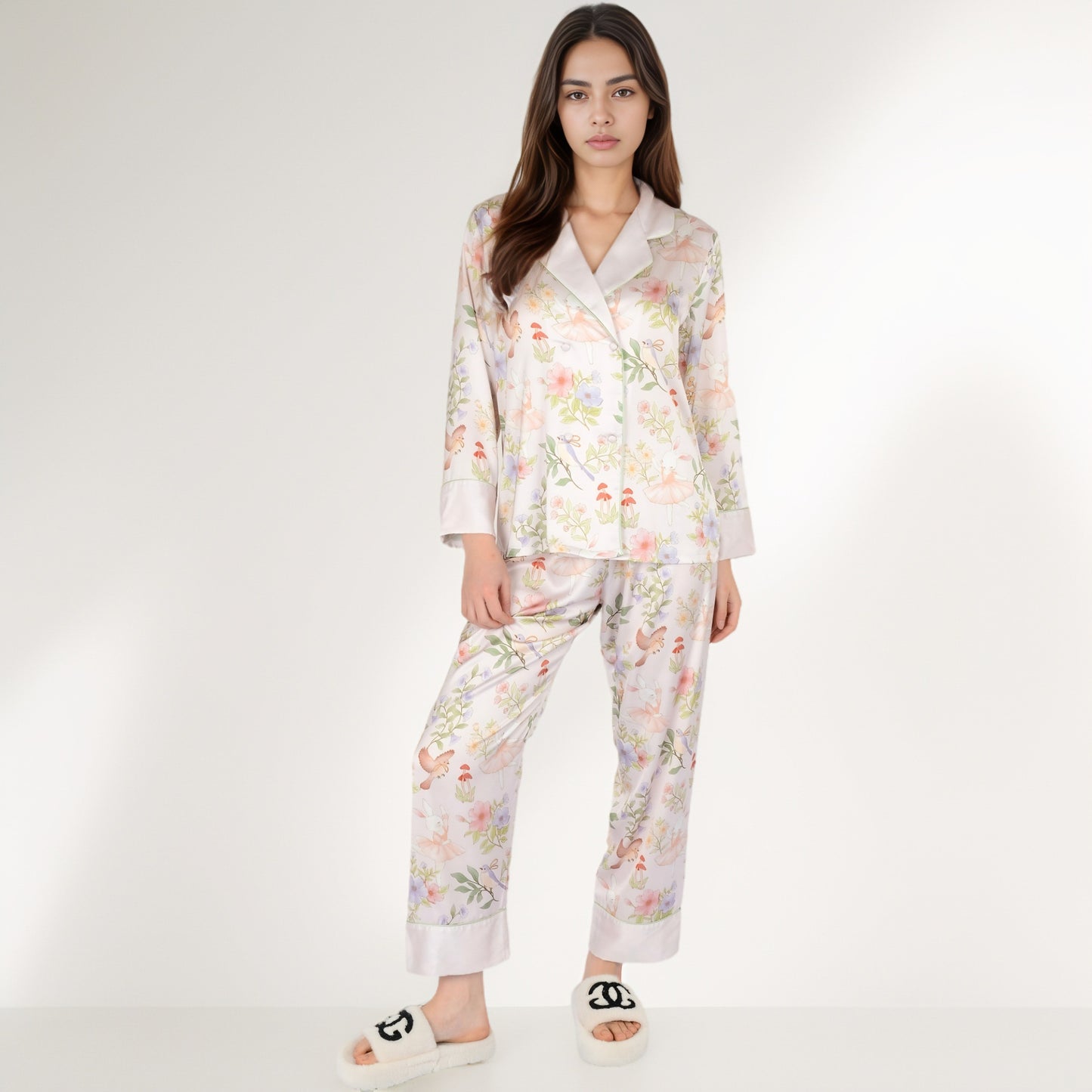 Satin Floral Pajama Set with Long Sleeve Notched Collar Button-Up Top and Relaxed Fit Full-Length Pants