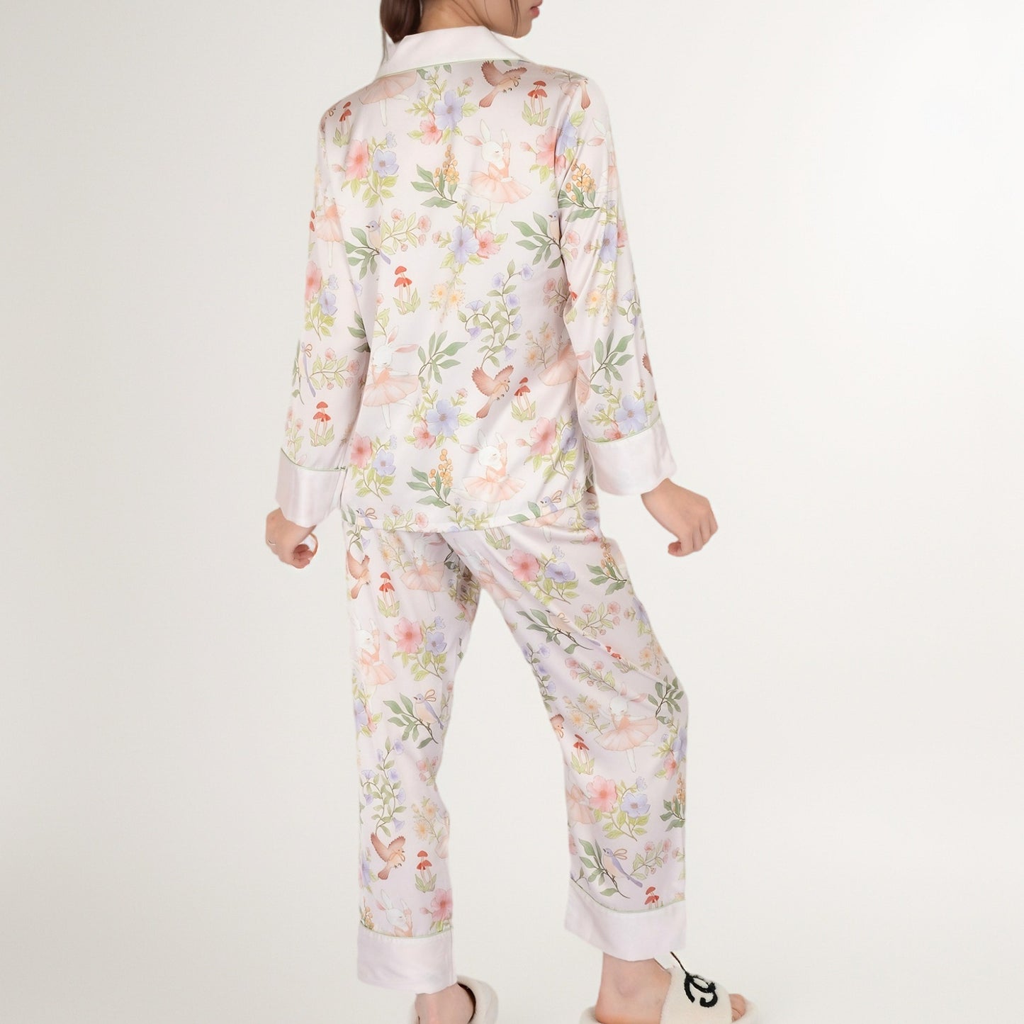 Satin Floral Pajama Set with Long Sleeve Notched Collar Button-Up Top and Relaxed Fit Full-Length Pants