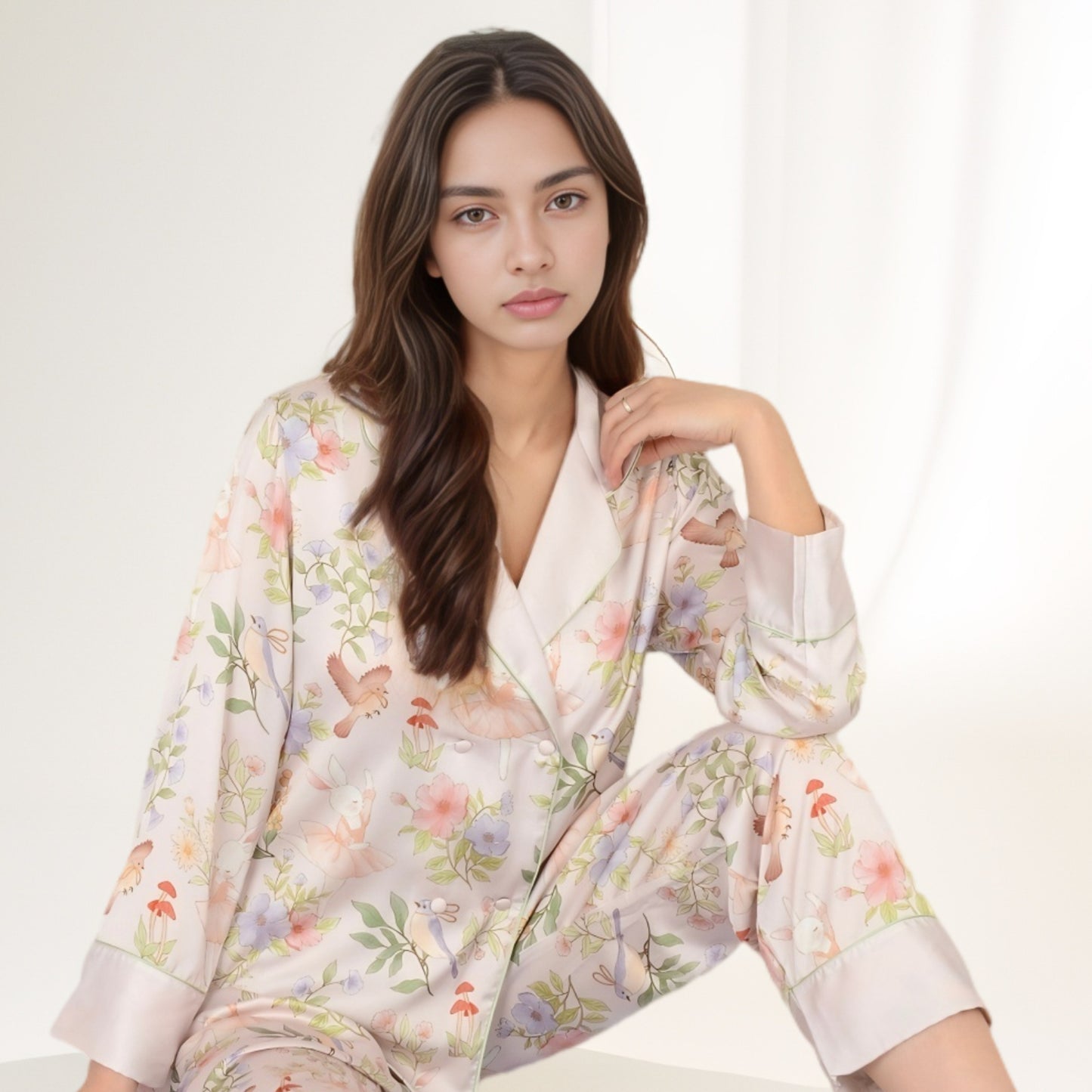 Satin Floral Pajama Set with Long Sleeve Notched Collar Button-Up Top and Relaxed Fit Full-Length Pants
