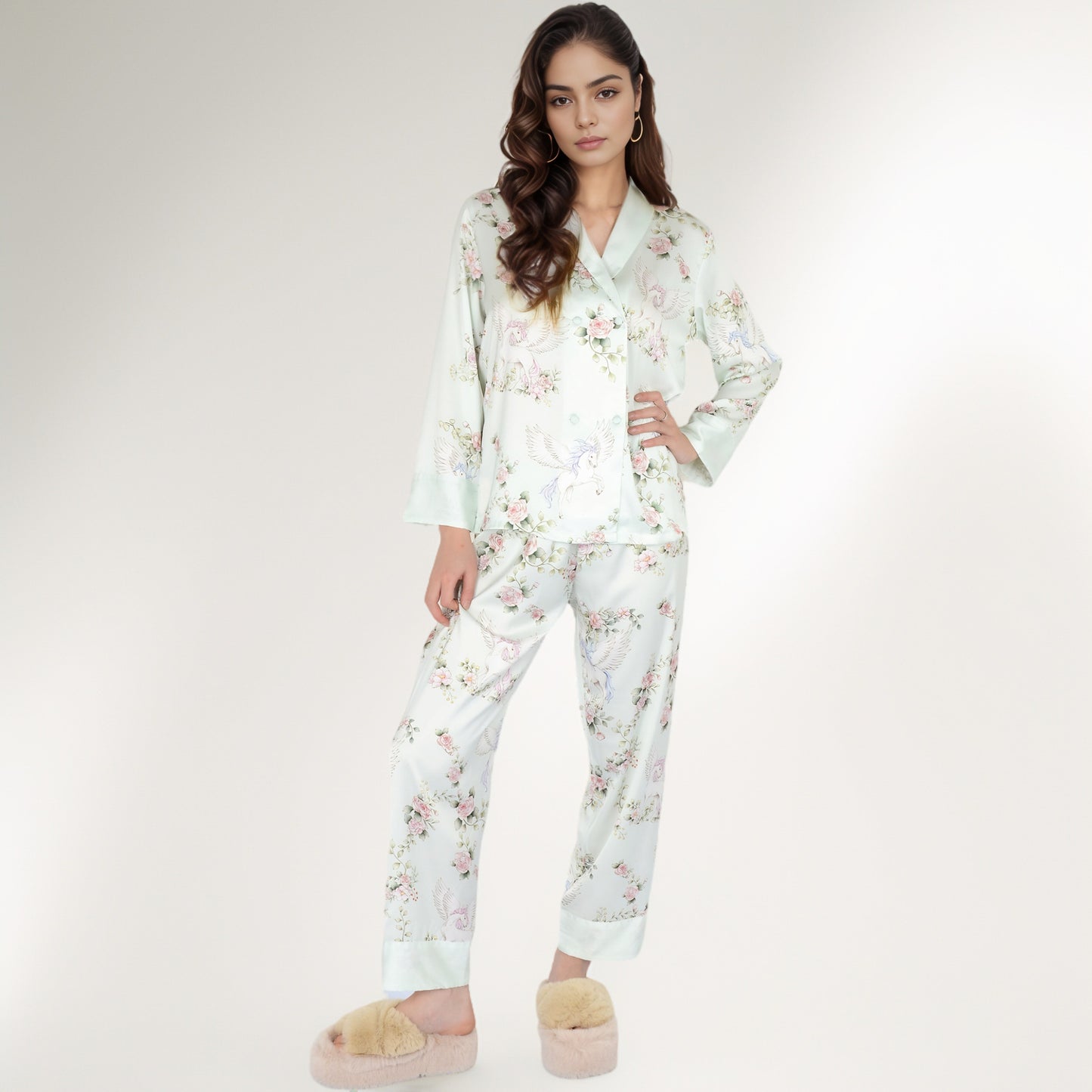Satin Floral Pajama Set with Long Sleeve Notched Collar Button-Up Top and Relaxed Fit Full-Length Pants