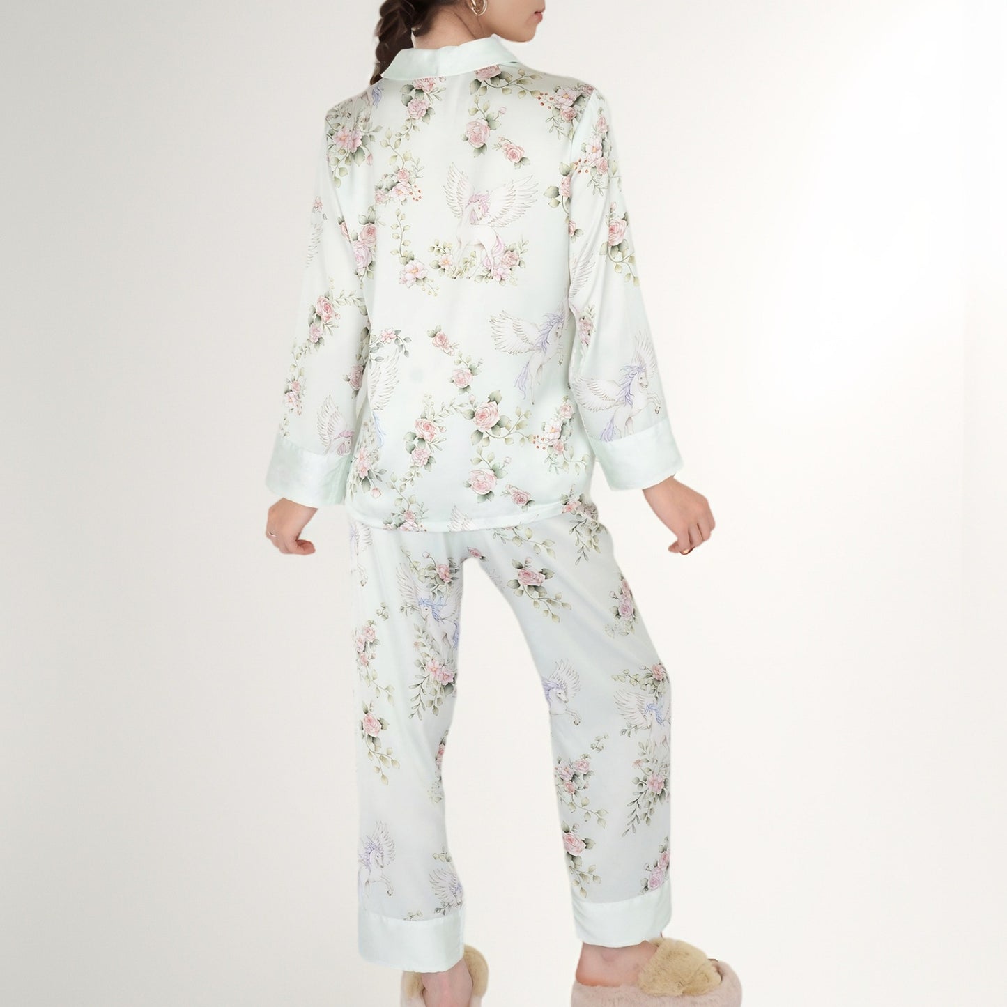 Satin Floral Pajama Set with Long Sleeve Notched Collar Button-Up Top and Relaxed Fit Full-Length Pants