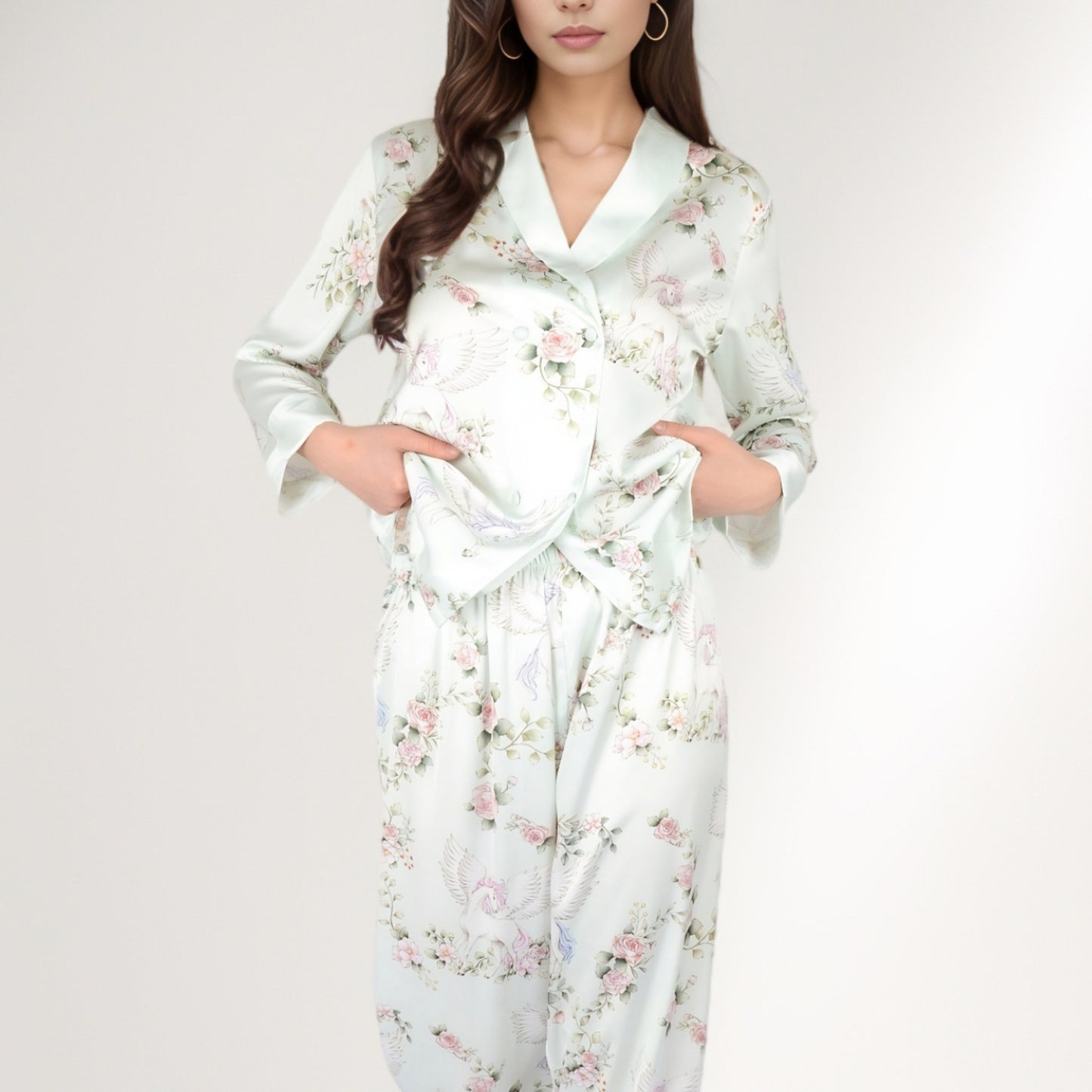 Satin Floral Pajama Set with Long Sleeve Notched Collar Button-Up Top and Relaxed Fit Full-Length Pants