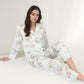 Satin Floral Pajama Set with Long Sleeve Notched Collar Button-Up Top and Relaxed Fit Full-Length Pants