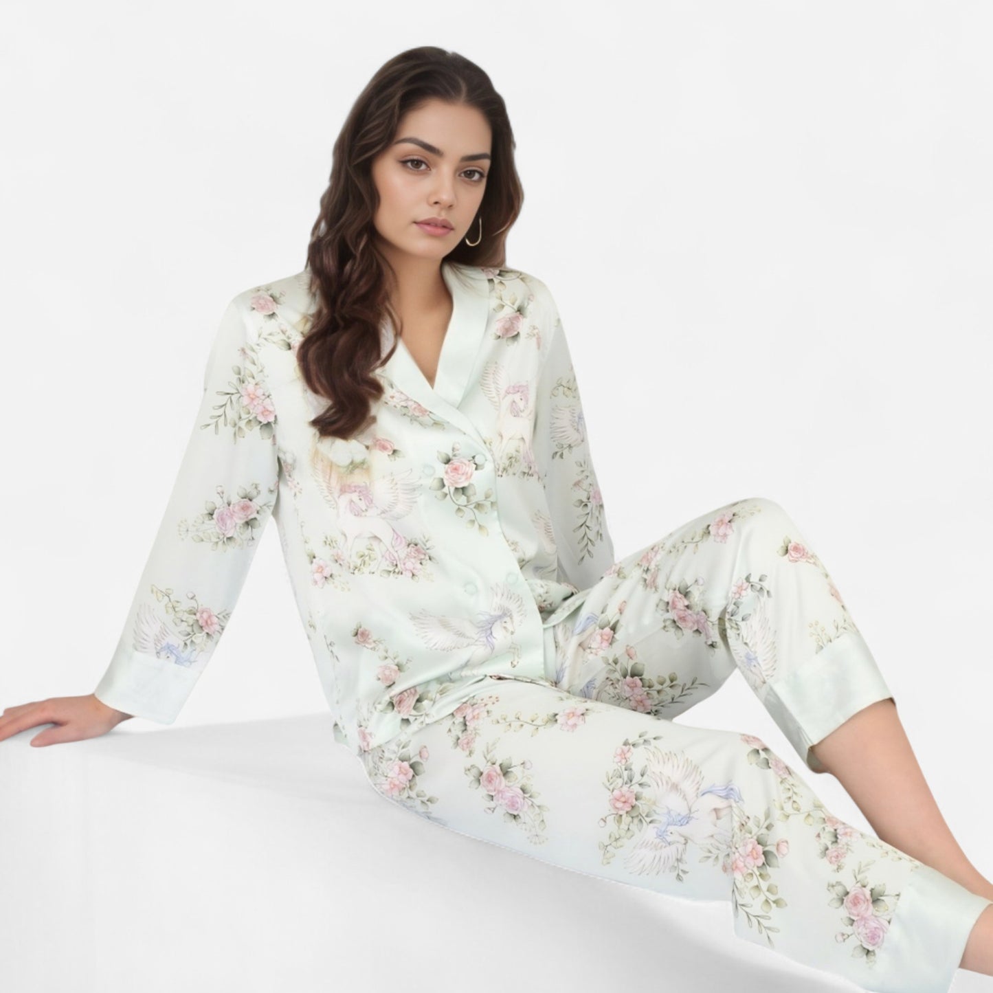 Satin Floral Pajama Set with Long Sleeve Notched Collar Button-Up Top and Relaxed Fit Full-Length Pants