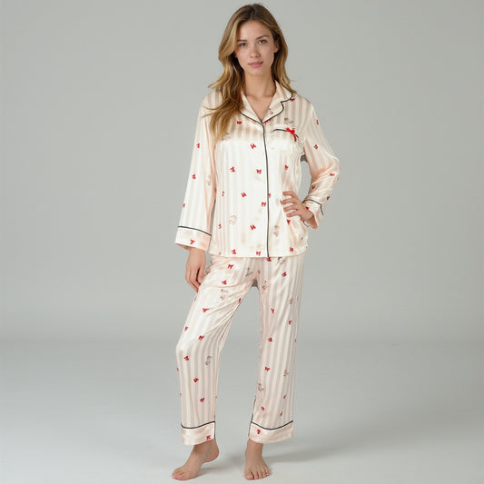 Lounge Women's Satin Pajama Set with Striped Print Contrast Trim and Long Sleeve Button-Up Top