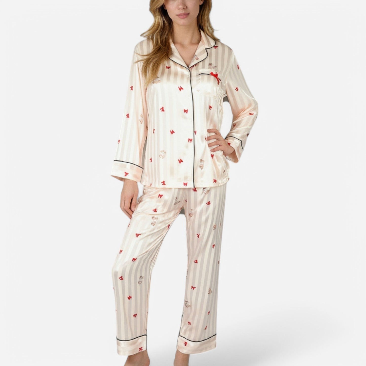 Lounge Women's Satin Pajama Set with Striped Print Contrast Trim and Long Sleeve Button-Up Top