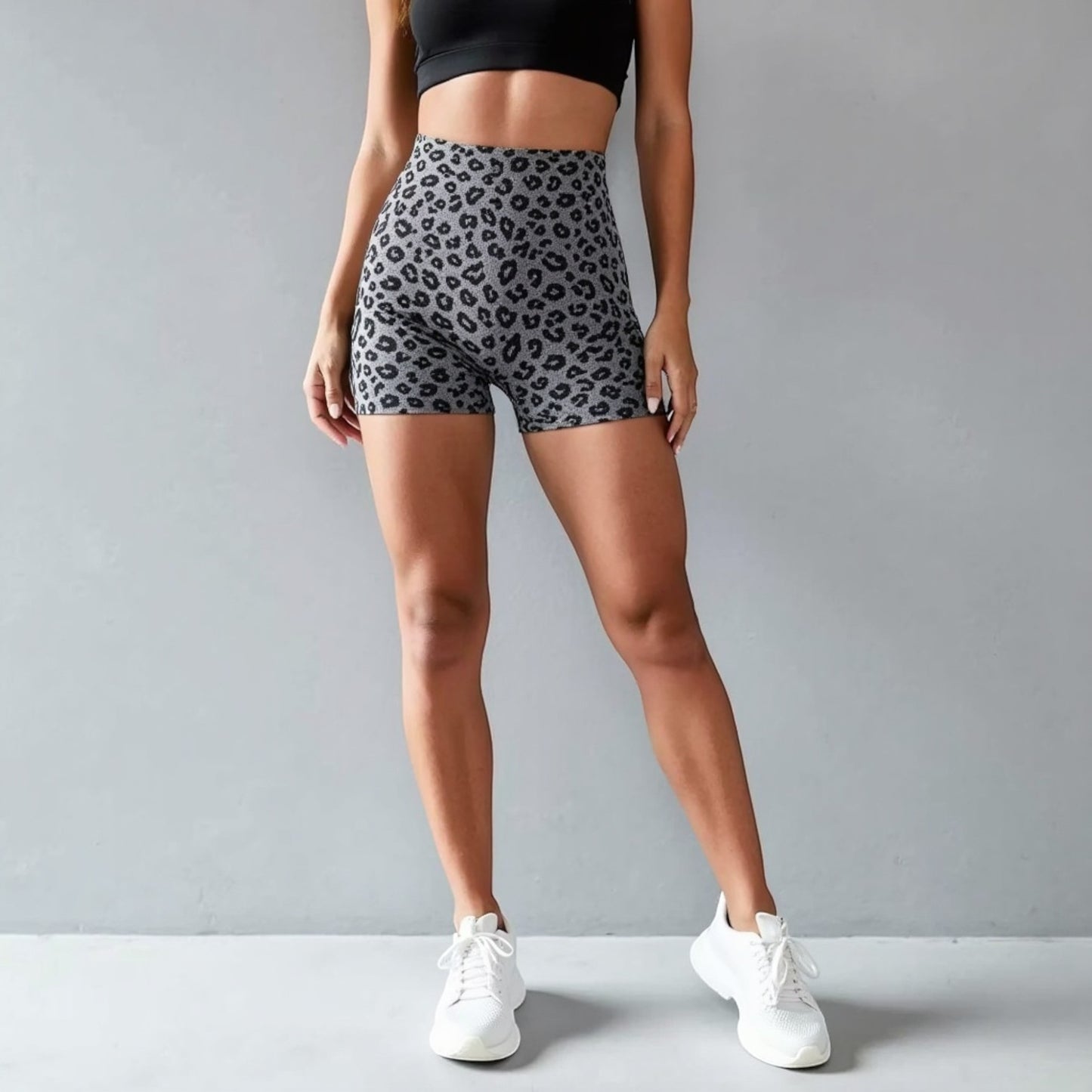 Active Women's Seamless Leopard Print Biker Shorts with High Waist and Scrunch Detail