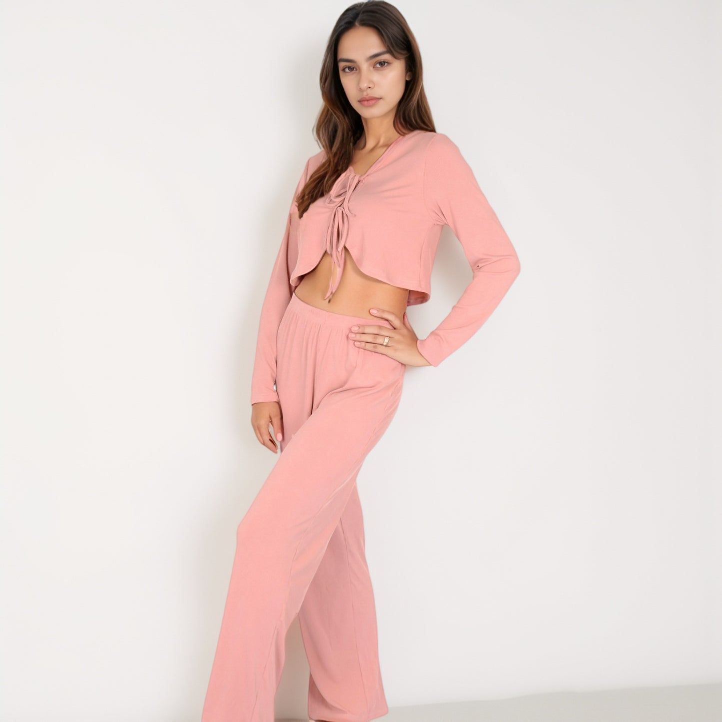 Long Sleeve Pajama Set with Tie Front Cropped Top and Relaxed Fit High Waist Full-Length Lounge Pants