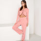 Long Sleeve Pajama Set with Tie Front Cropped Top and Relaxed Fit High Waist Full-Length Lounge Pants