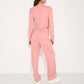 Long Sleeve Pajama Set with Tie Front Cropped Top and Relaxed Fit High Waist Full-Length Lounge Pants