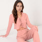 Long Sleeve Pajama Set with Tie Front Cropped Top and Relaxed Fit High Waist Full-Length Lounge Pants