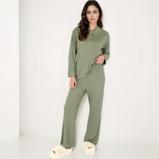 Henley Pajama Set with Long Sleeve Button-Front Top Relaxed Fit and Full-Length Stretch Lounge Pants