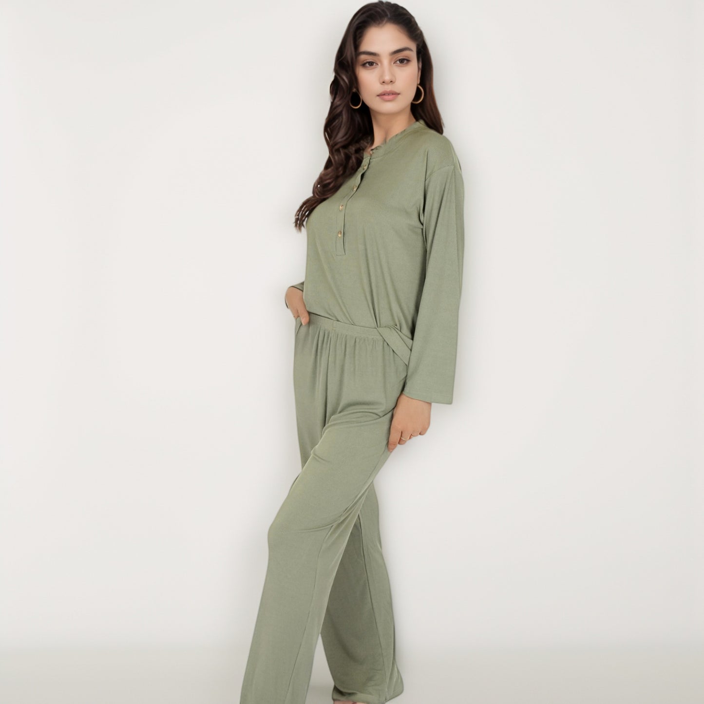 Henley Pajama Set with Long Sleeve Button-Front Top Relaxed Fit and Full-Length Stretch Lounge Pants