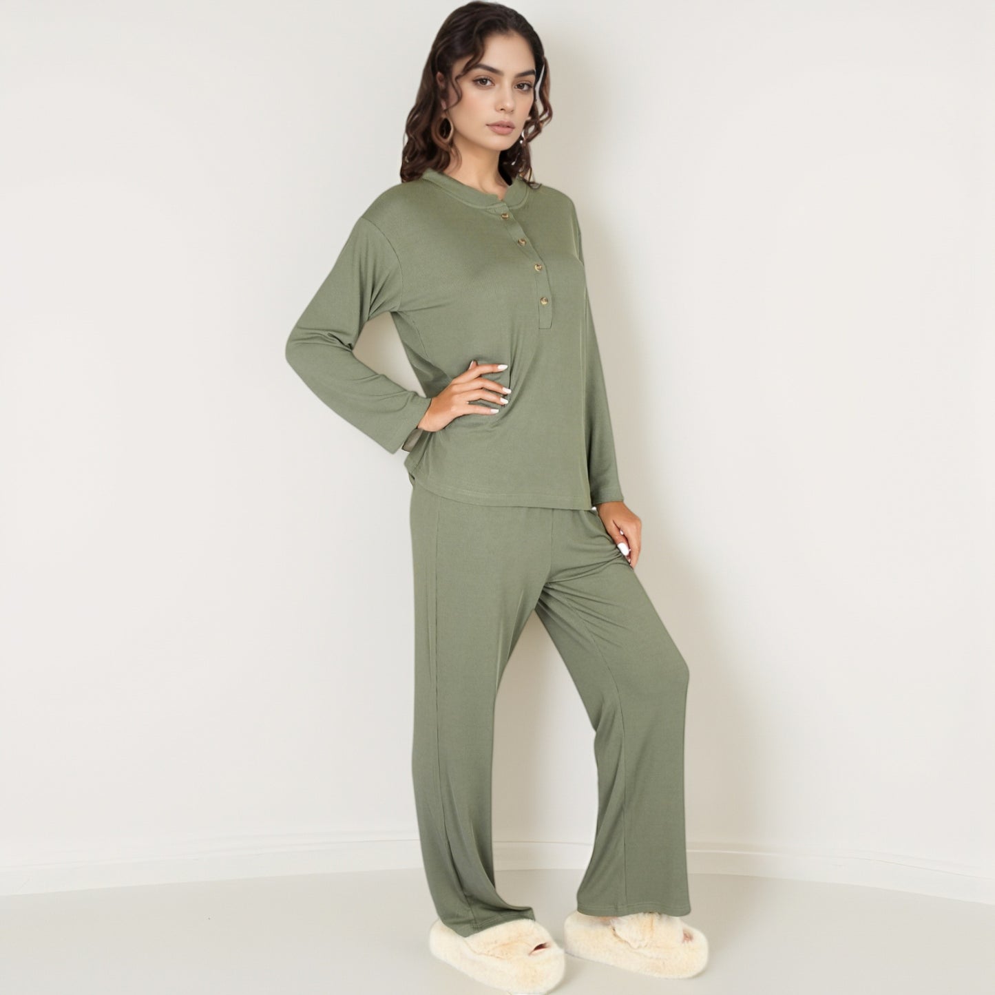 Henley Pajama Set with Long Sleeve Button-Front Top Relaxed Fit and Full-Length Stretch Lounge Pants