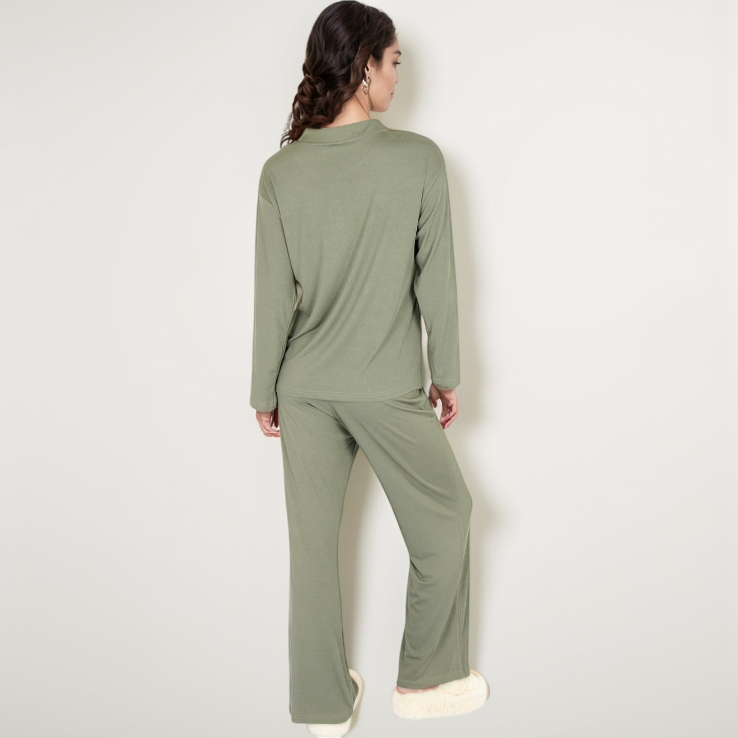 Henley Pajama Set with Long Sleeve Button-Front Top Relaxed Fit and Full-Length Stretch Lounge Pants