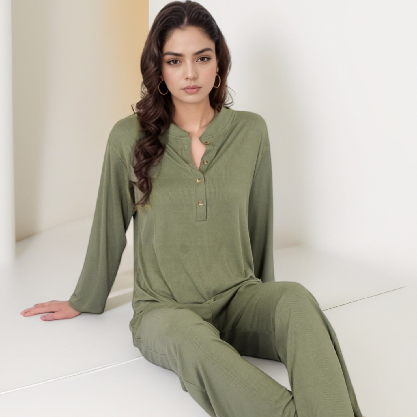 Henley Pajama Set with Long Sleeve Button-Front Top Relaxed Fit and Full-Length Stretch Lounge Pants