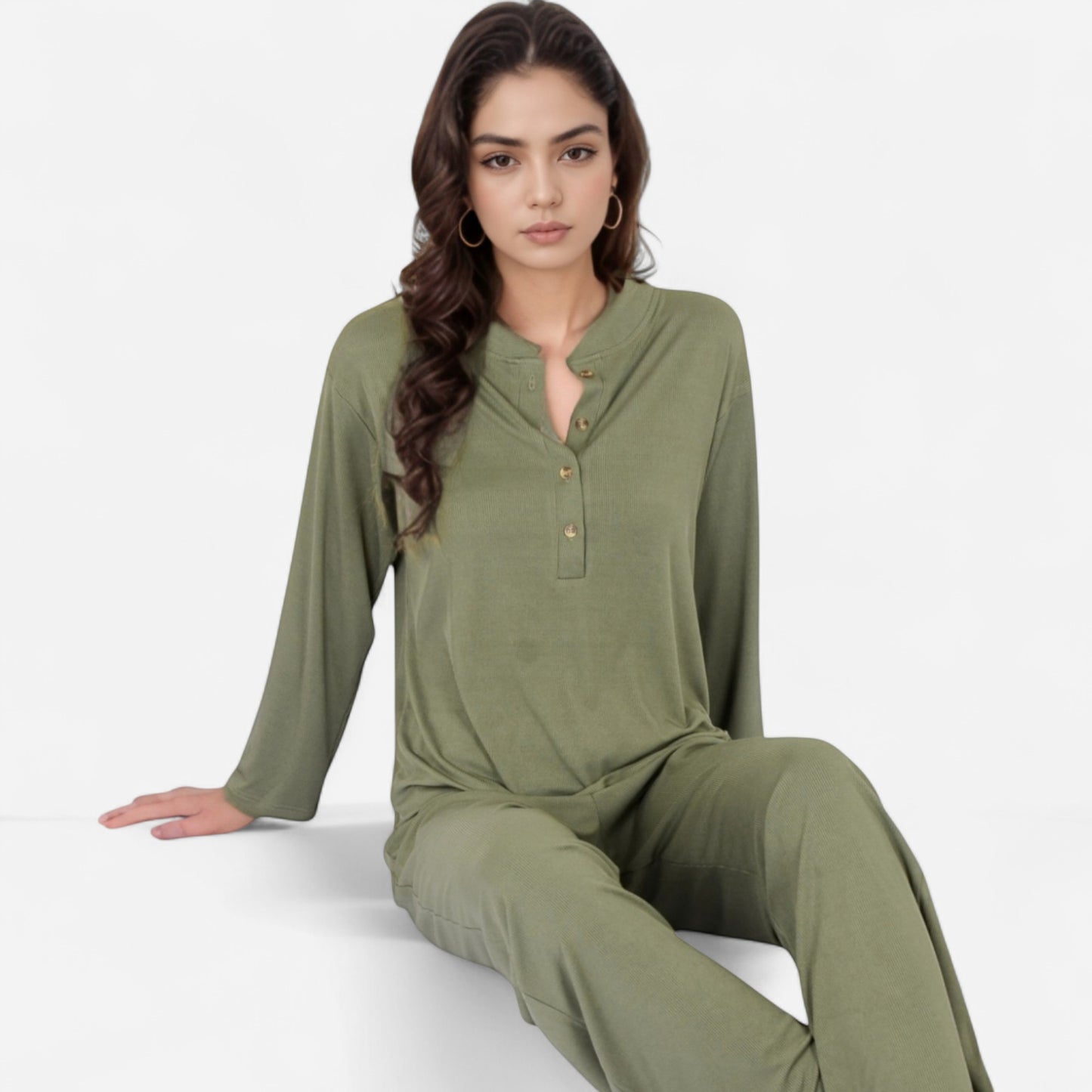 Henley Pajama Set with Long Sleeve Button-Front Top Relaxed Fit and Full-Length Stretch Lounge Pants