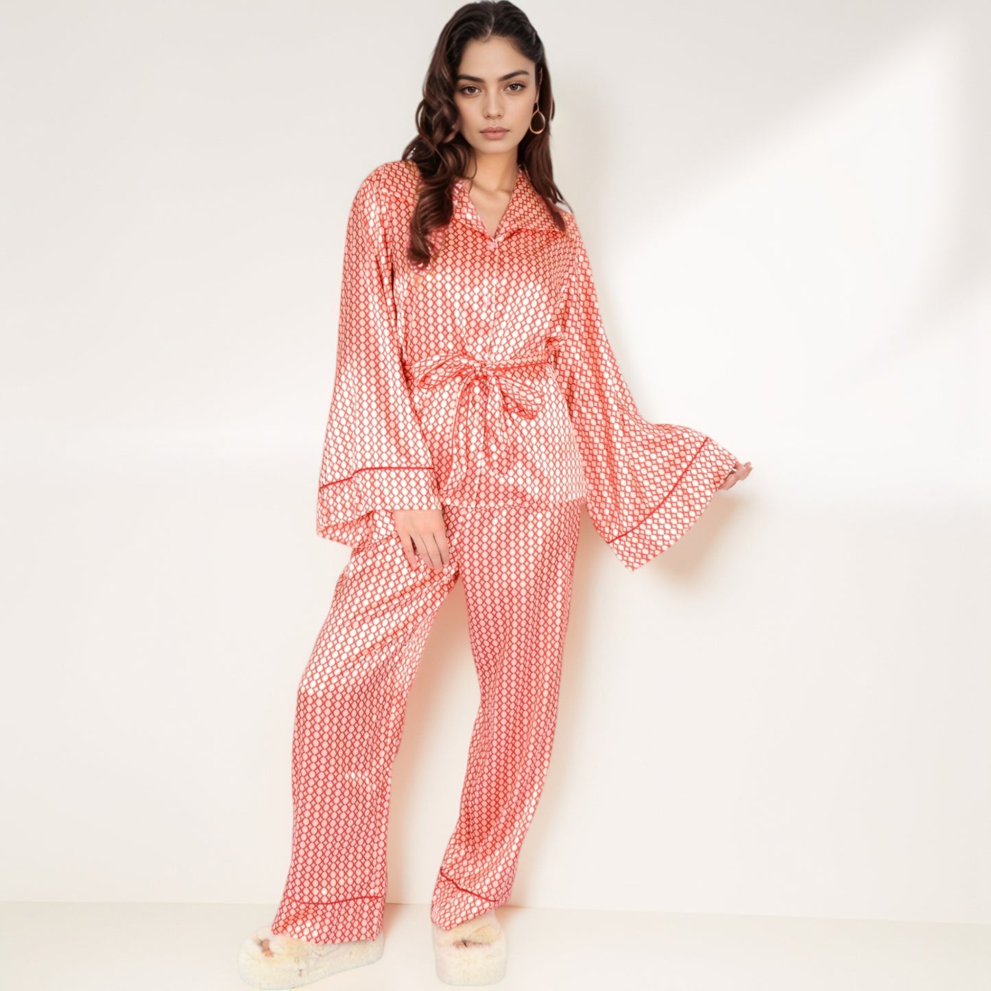 Printed Satin Pajama Set with Long Sleeve Wrap Top Self-Tie Waist and Full-Length Relaxed Fit Lounge Pants