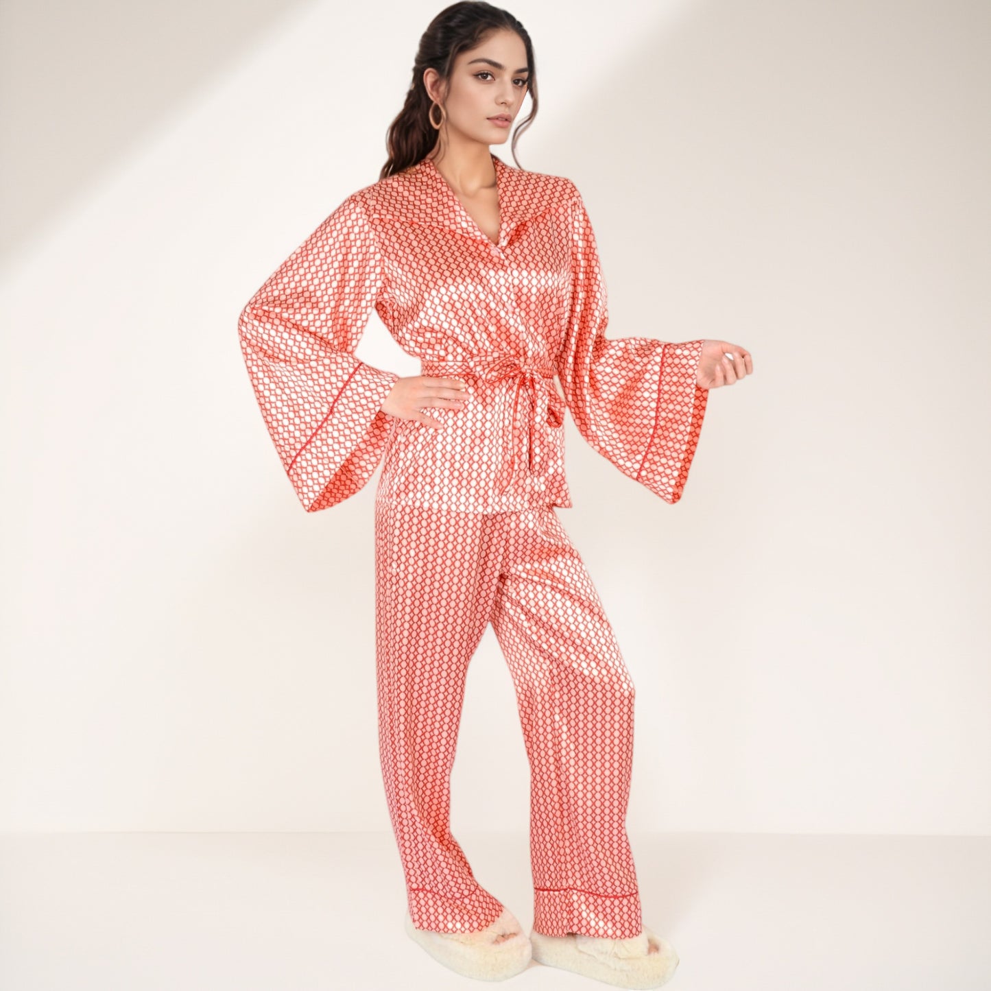Printed Satin Pajama Set with Long Sleeve Wrap Top Self-Tie Waist and Full-Length Relaxed Fit Lounge Pants