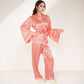 Printed Satin Pajama Set with Long Sleeve Wrap Top Self-Tie Waist and Full-Length Relaxed Fit Lounge Pants