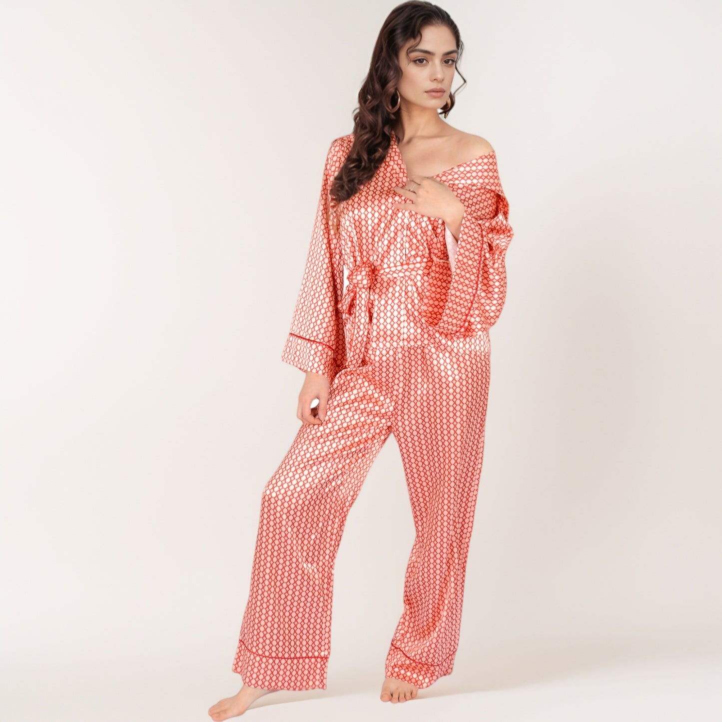 Printed Satin Pajama Set with Long Sleeve Wrap Top Self-Tie Waist and Full-Length Relaxed Fit Lounge Pants