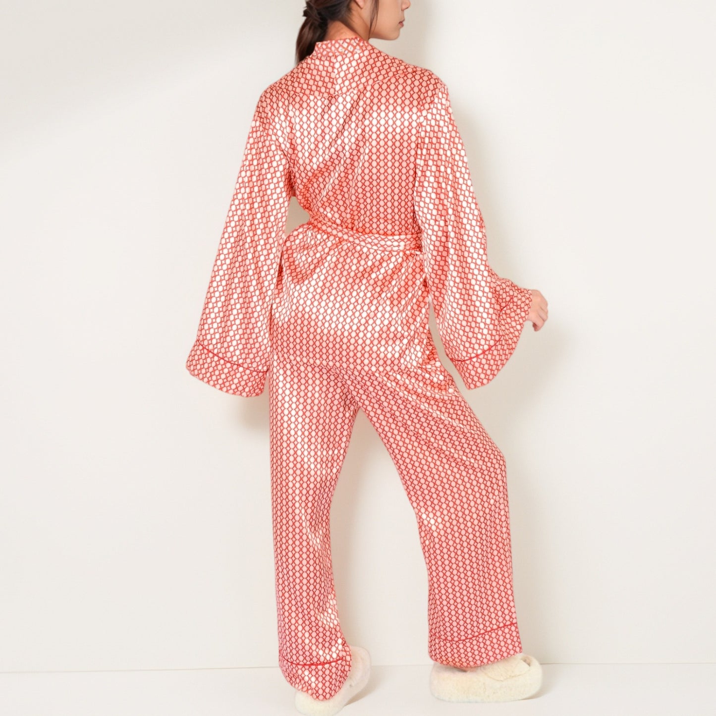 Printed Satin Pajama Set with Long Sleeve Wrap Top Self-Tie Waist and Full-Length Relaxed Fit Lounge Pants