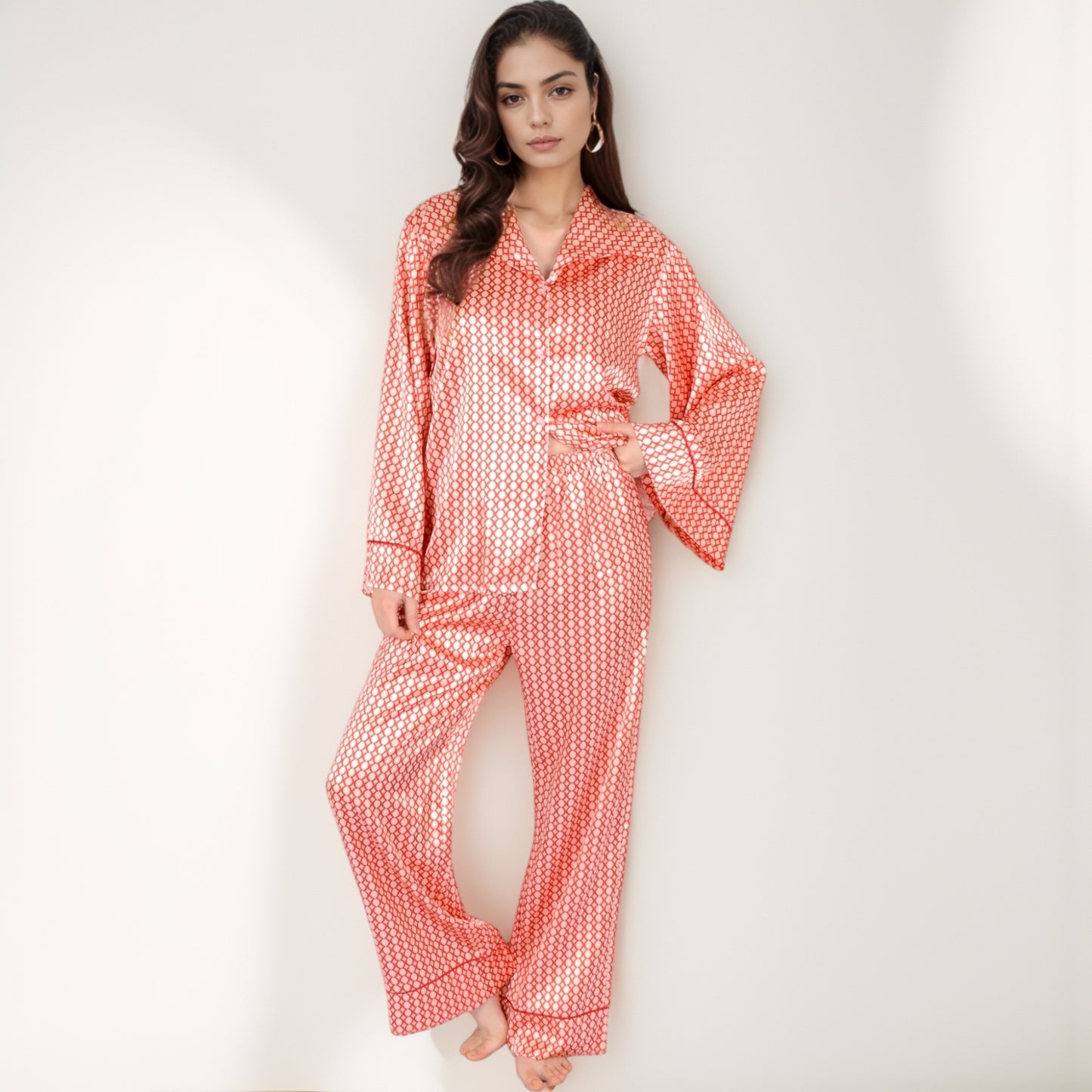 Printed Satin Pajama Set with Long Sleeve Wrap Top Self-Tie Waist and Full-Length Relaxed Fit Lounge Pants