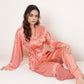 Printed Satin Pajama Set with Long Sleeve Wrap Top Self-Tie Waist and Full-Length Relaxed Fit Lounge Pants