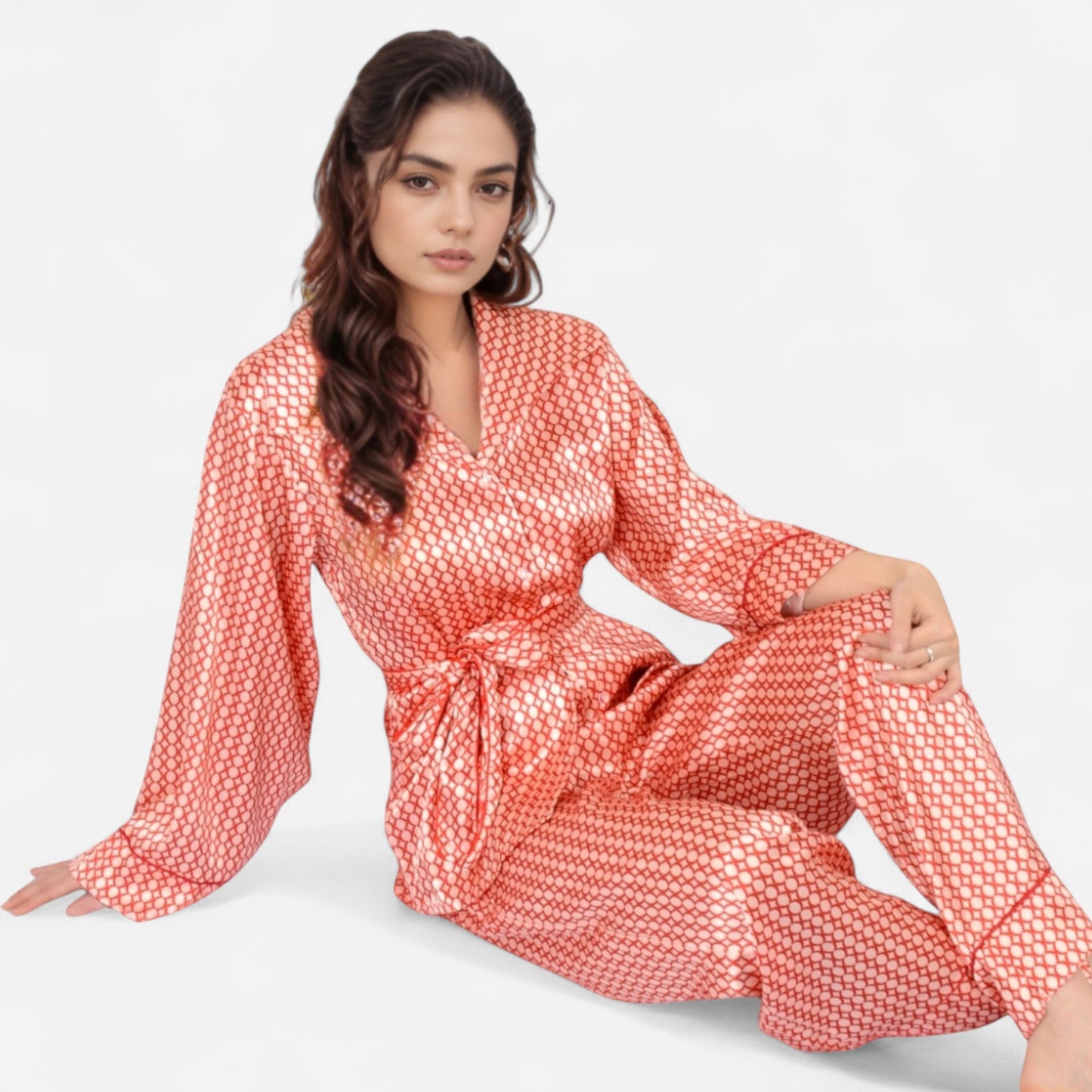 Printed Satin Pajama Set with Long Sleeve Wrap Top Self-Tie Waist and Full-Length Relaxed Fit Lounge Pants