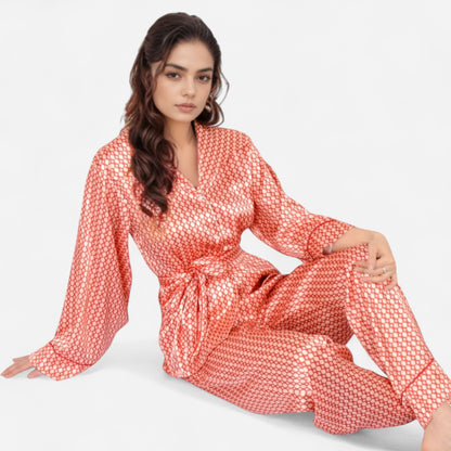 Printed Satin Pajama Set with Long Sleeve Wrap Top Self-Tie Waist and Full-Length Relaxed Fit Lounge Pants