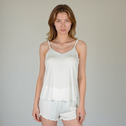 Camisole Pajama Set with Adjustable Spaghetti Straps Lettuce Hem Trim and Relaxed Fit Lounge Shorts