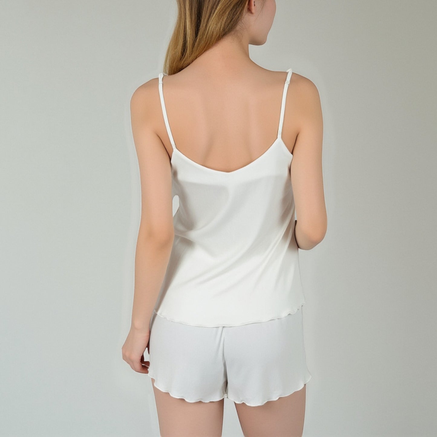 Camisole Pajama Set with Adjustable Spaghetti Straps Lettuce Hem Trim and Relaxed Fit Lounge Shorts