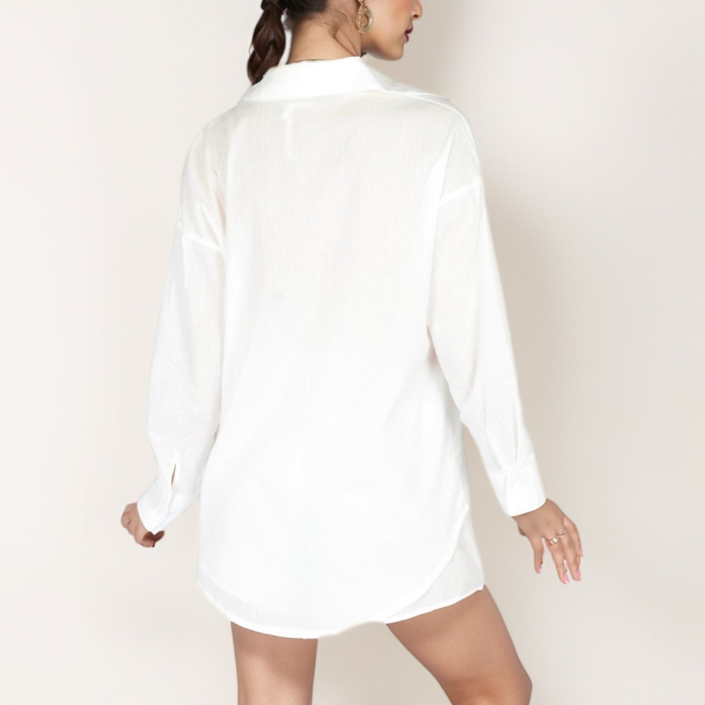 3-Piece Matching Set with Oversized Button-Up Shirt, Drawstring Shorts, and Triangle Top