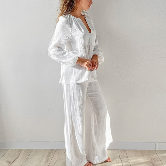 Long Sleeve Relaxed Peplum Top and Wide Leg Pants 2-Piece Set