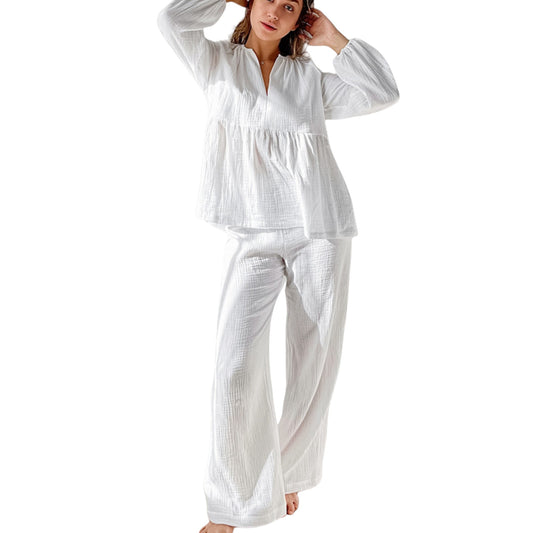 Long Sleeve Relaxed Peplum Top and Wide Leg Pants 2-Piece Set