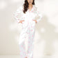Satin Three-Piece Pajama Set with Kiss Print Long Sleeve Button-Up Shirt Bandeau Top and Full-Length Lounge Pants