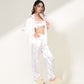 Satin Three-Piece Pajama Set with Kiss Print Long Sleeve Button-Up Shirt Bandeau Top and Full-Length Lounge Pants