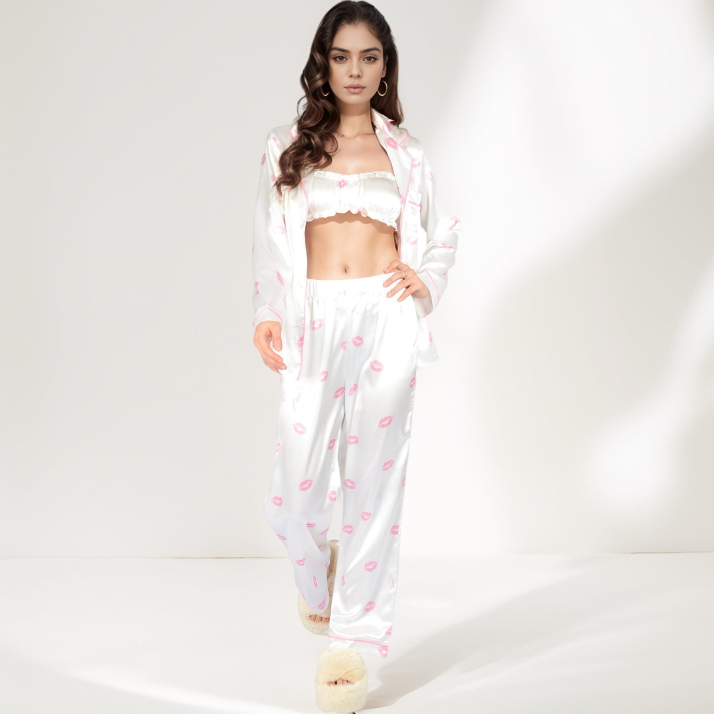 Satin Three-Piece Pajama Set with Kiss Print Long Sleeve Button-Up Shirt Bandeau Top and Full-Length Lounge Pants