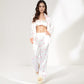 Satin Three-Piece Pajama Set with Kiss Print Long Sleeve Button-Up Shirt Bandeau Top and Full-Length Lounge Pants