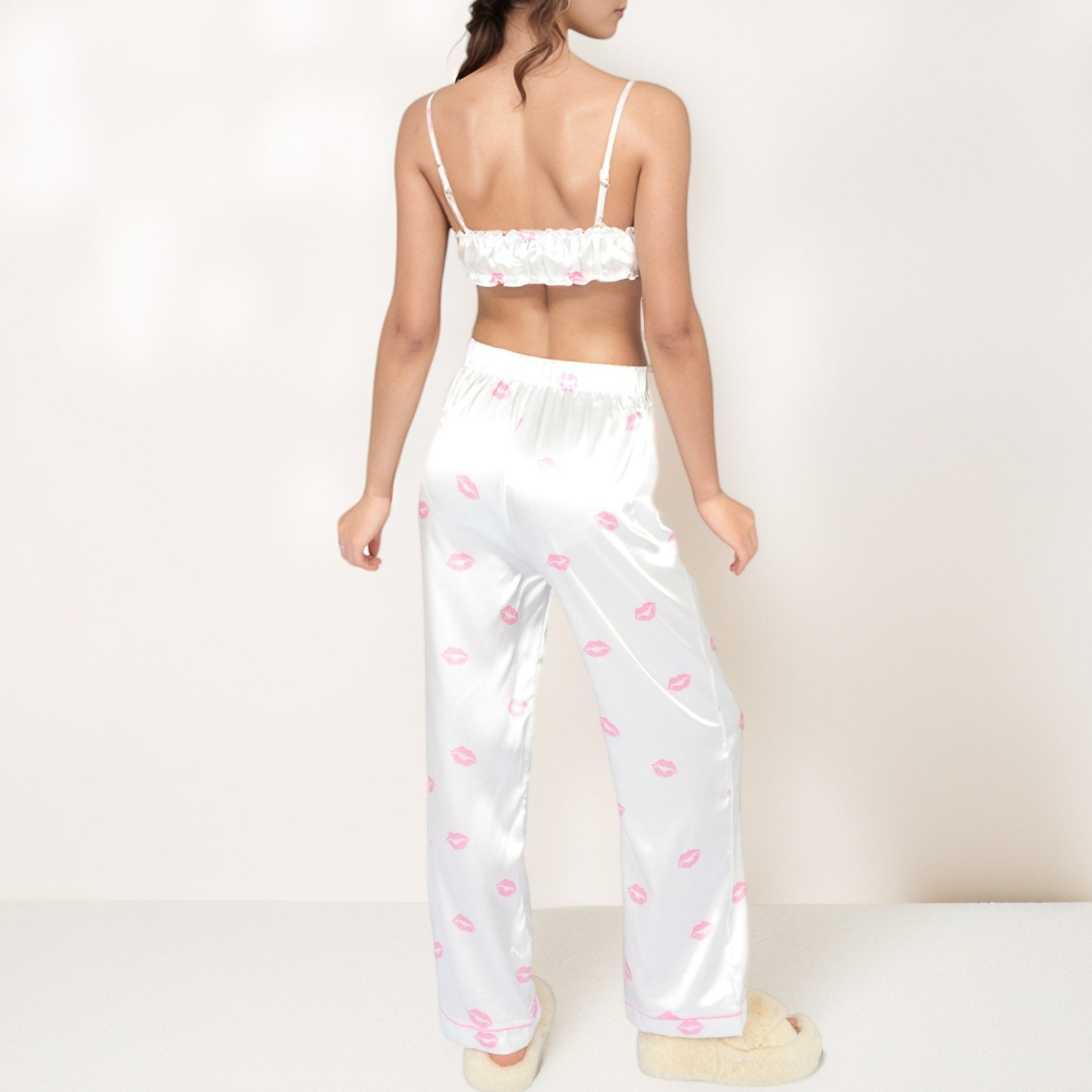 Satin Three-Piece Pajama Set with Kiss Print Long Sleeve Button-Up Shirt Bandeau Top and Full-Length Lounge Pants