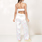Satin Three-Piece Pajama Set with Kiss Print Long Sleeve Button-Up Shirt Bandeau Top and Full-Length Lounge Pants
