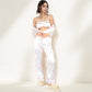 Satin Three-Piece Pajama Set with Kiss Print Long Sleeve Button-Up Shirt Bandeau Top and Full-Length Lounge Pants