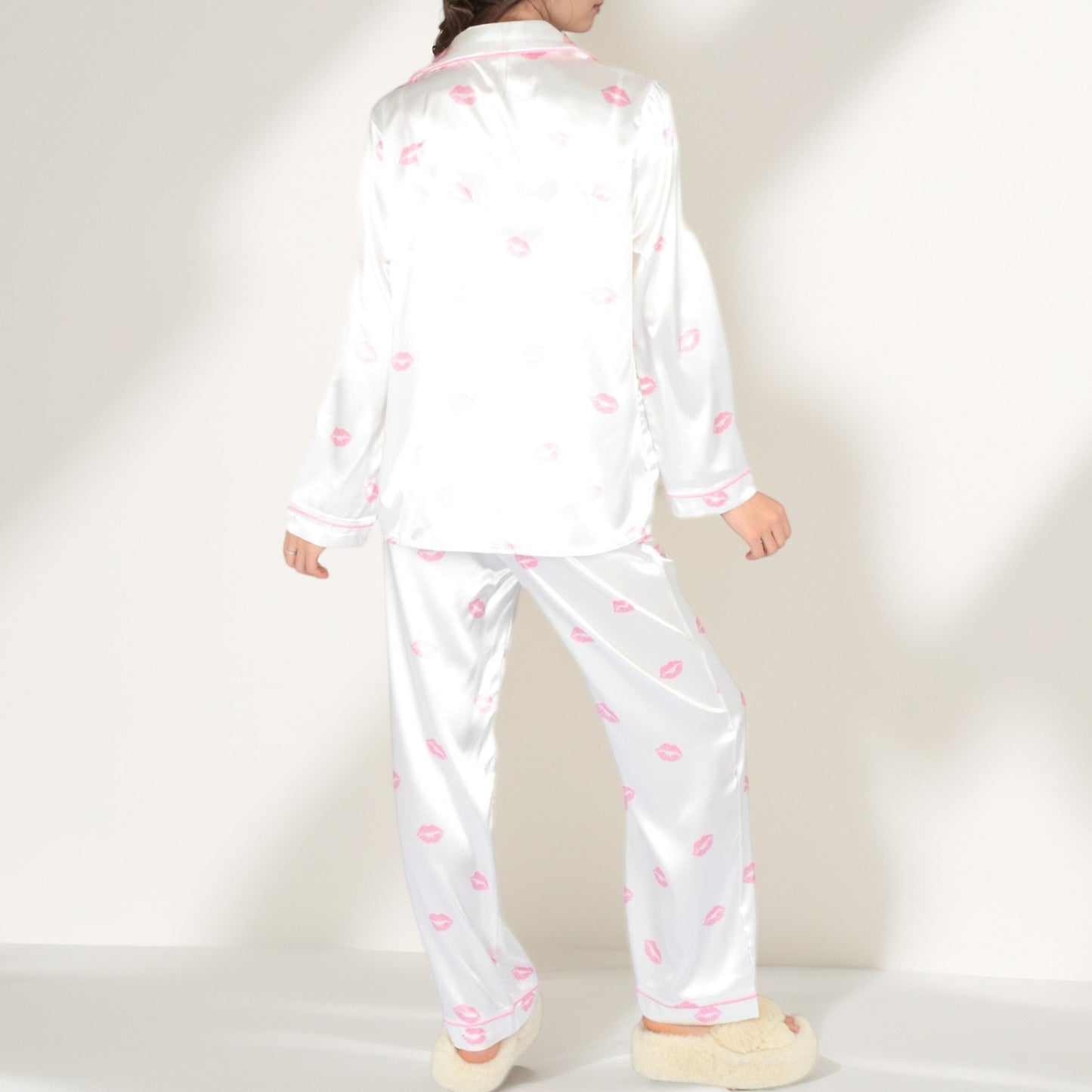 Satin Three-Piece Pajama Set with Kiss Print Long Sleeve Button-Up Shirt Bandeau Top and Full-Length Lounge Pants