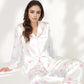 Satin Three-Piece Pajama Set with Kiss Print Long Sleeve Button-Up Shirt Bandeau Top and Full-Length Lounge Pants