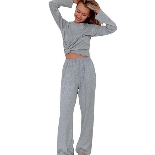 Long Sleeve Relaxed Top and Wide Leg Pants Two-Piece Loungewear Set