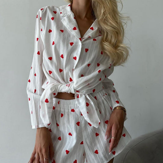 White Long Sleeve Heart Print Tie Front Top and Matching Shorts Loungewear Set